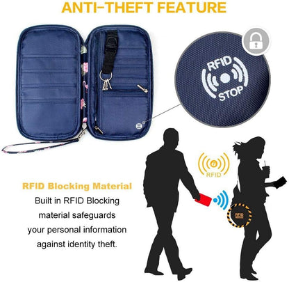 RFID Family Passport Wallet Holder Waterproof, Travel Document Organizer Credit Card Clutch Bag for Men Women (RFID Leaf)