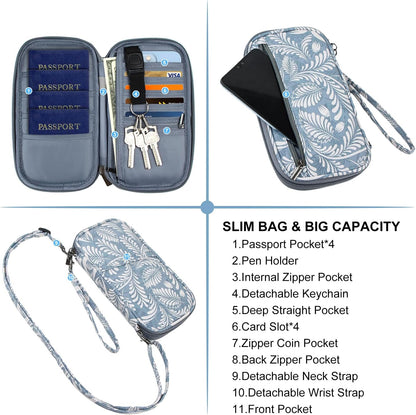 RFID Family Passport Wallet Holder Waterproof, Travel Document Organizer Credit Card Clutch Bag for Men Women (RFID Leaf)