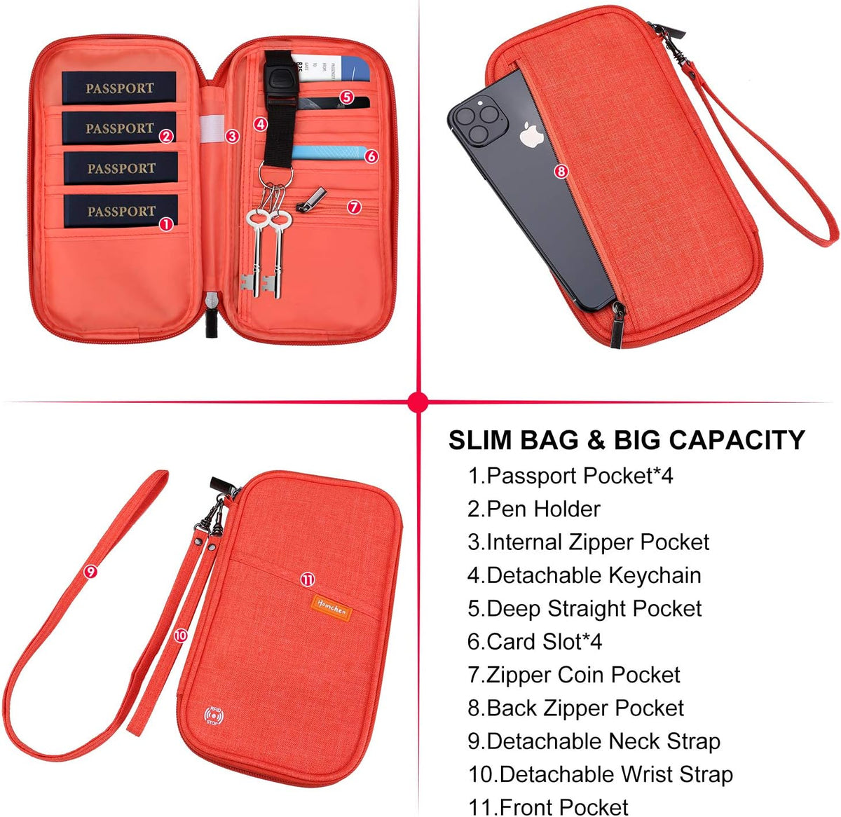 RFID Family Passport Wallet Holder Waterproof, Travel Document Organizer Credit Card Clutch Bag for Men Women (RFID Leaf)