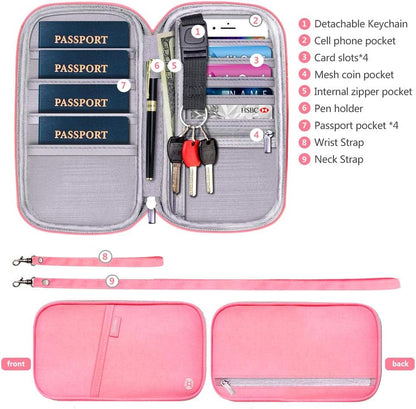 RFID Family Passport Wallet Holder Waterproof, Travel Document Organizer Credit Card Clutch Bag for Men Women (RFID Leaf)