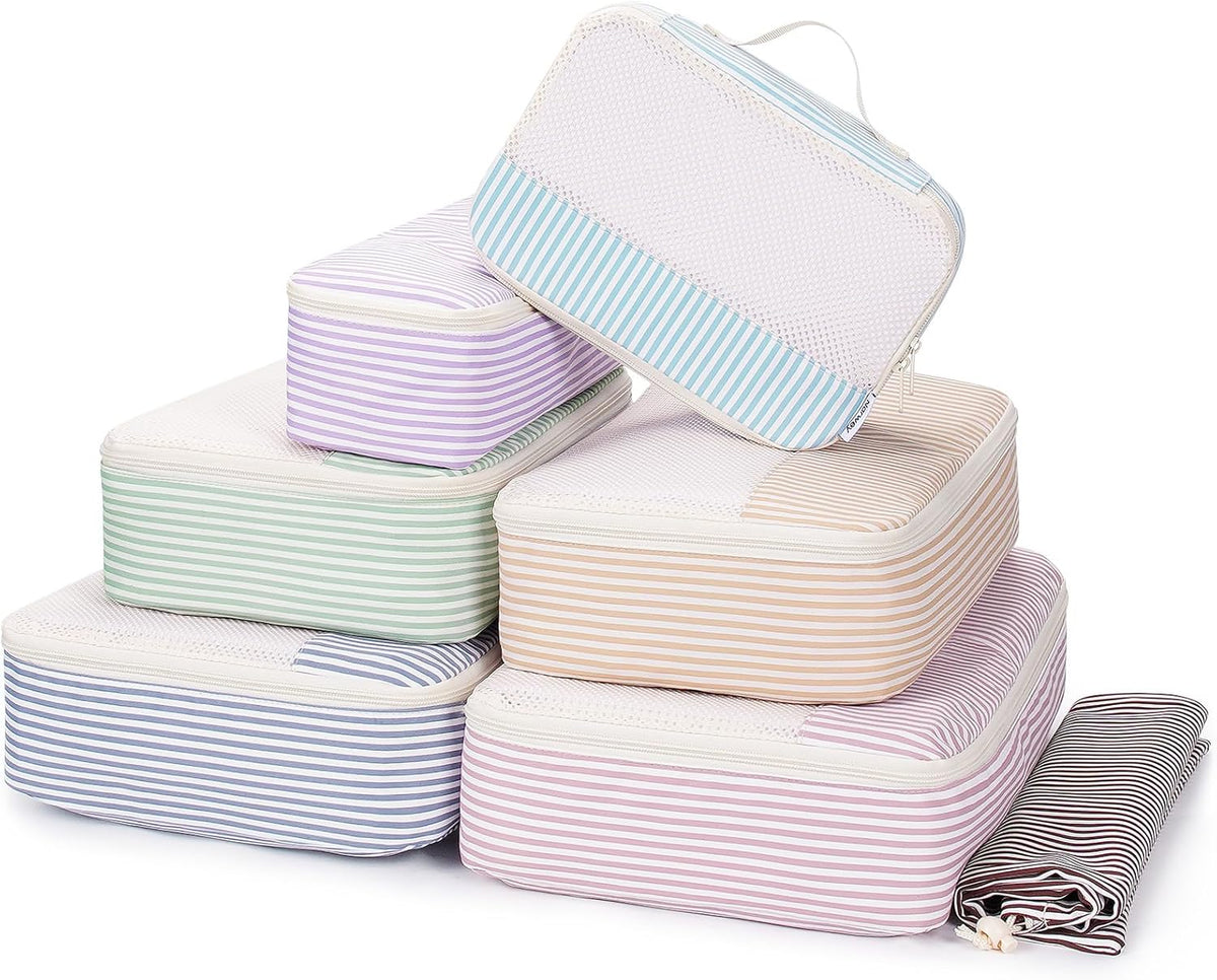 7 Set Striped Packing Cubes for Travel Carry on Suitcase Luggage Organizer Bags for Kids Women Men, Durable Packing Organizers Bag, Travel Essentials Accessories (Stripe Combined)