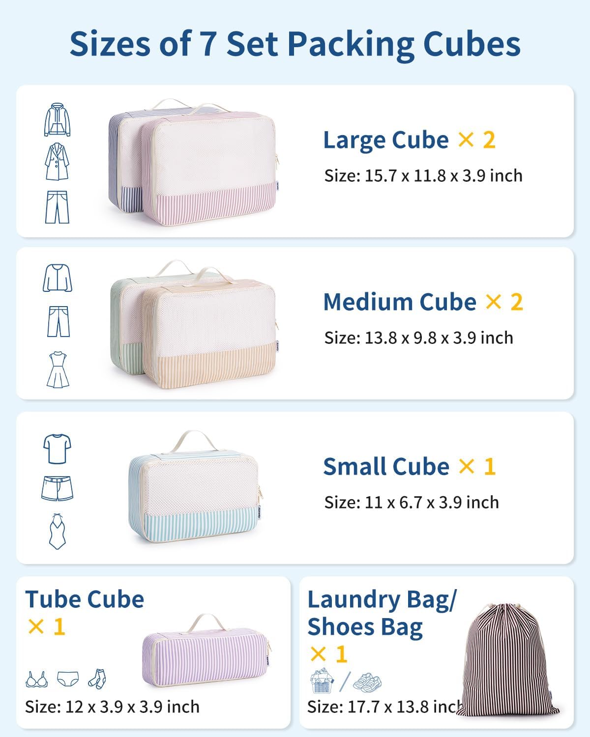 7 Set Striped Packing Cubes for Travel Carry on Suitcase Luggage Organizer Bags for Kids Women Men, Durable Packing Organizers Bag, Travel Essentials Accessories (Stripe Combined)