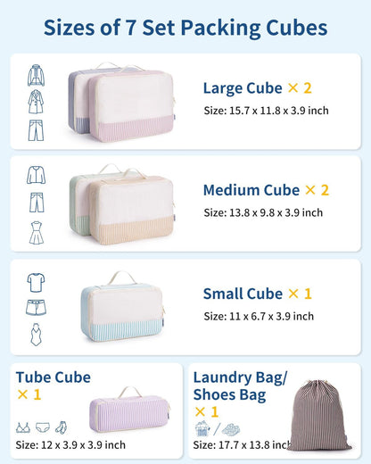 7 Set Striped Packing Cubes for Travel Carry on Suitcase Luggage Organizer Bags for Kids Women Men, Durable Packing Organizers Bag, Travel Essentials Accessories (Stripe Combined)