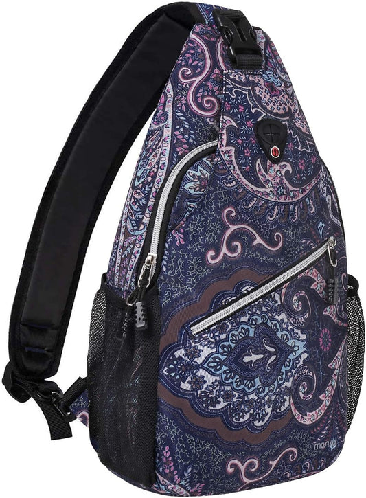Sling Backpack,Travel Hiking Daypack Pattern Rope Crossbody Shoulder Bag, Navy Blue Base Totem Texture