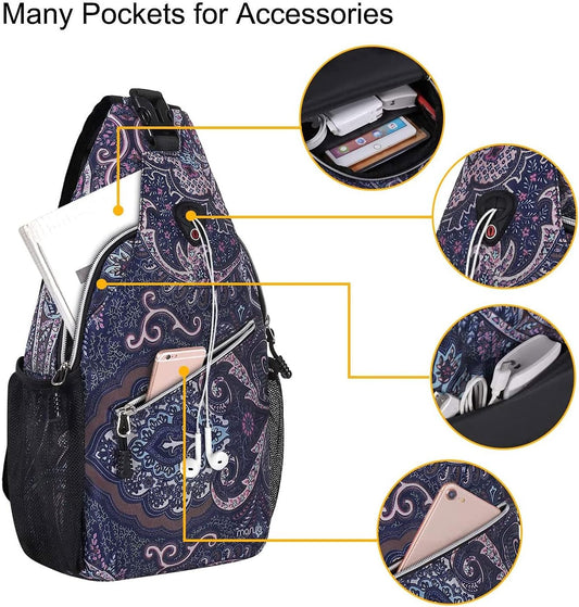 Sling Backpack,Travel Hiking Daypack Pattern Rope Crossbody Shoulder Bag, Navy Blue Base Totem Texture