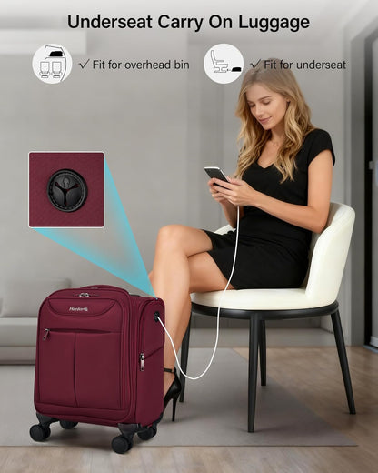 Underseat Carry On Luggage with Wheels, Lightweight Small Suitcase Airline Approved 16 Inch Softside Personal Item Travel Bag for Women Men, Compact Under Seat Luggage with Spinner Wheels,Purple