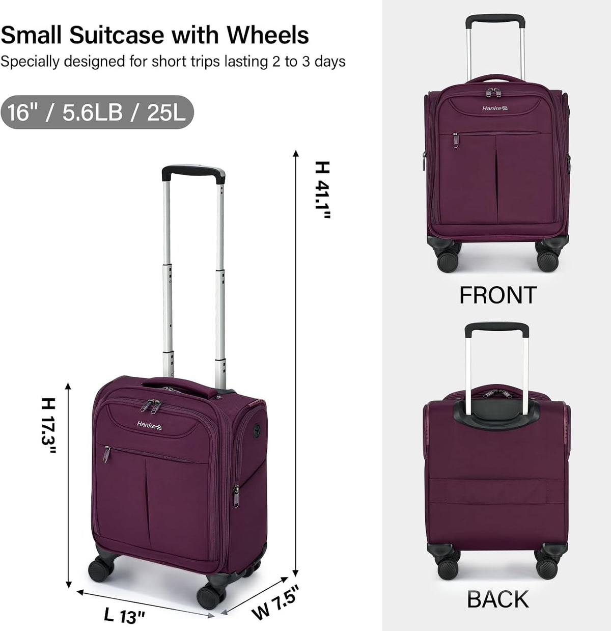 Underseat Carry On Luggage with Wheels, Lightweight Small Suitcase Airline Approved 16 Inch Softside Personal Item Travel Bag for Women Men, Compact Under Seat Luggage with Spinner Wheels,Purple