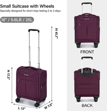 Underseat Carry On Luggage with Wheels, Lightweight Small Suitcase Airline Approved 16 Inch Softside Personal Item Travel Bag for Women Men, Compact Under Seat Luggage with Spinner Wheels,Purple