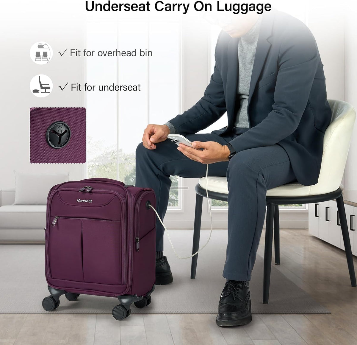 Underseat Carry On Luggage with Wheels, Lightweight Small Suitcase Airline Approved 16 Inch Softside Personal Item Travel Bag for Women Men, Compact Under Seat Luggage with Spinner Wheels,Purple