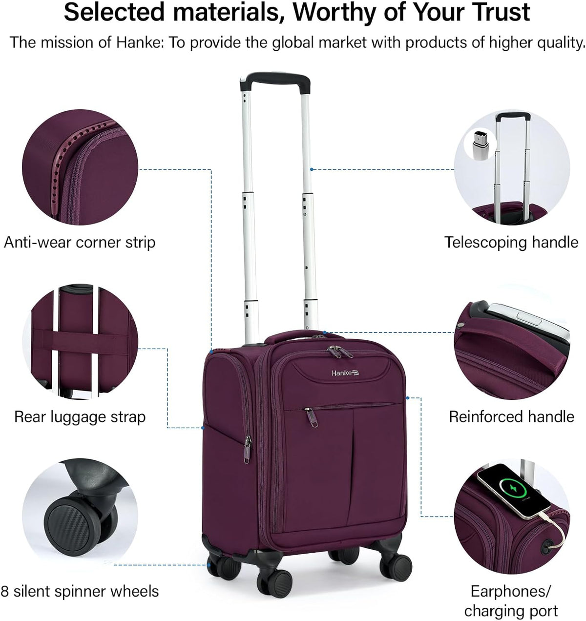 Underseat Carry On Luggage with Wheels, Lightweight Small Suitcase Airline Approved 16 Inch Softside Personal Item Travel Bag for Women Men, Compact Under Seat Luggage with Spinner Wheels,Purple