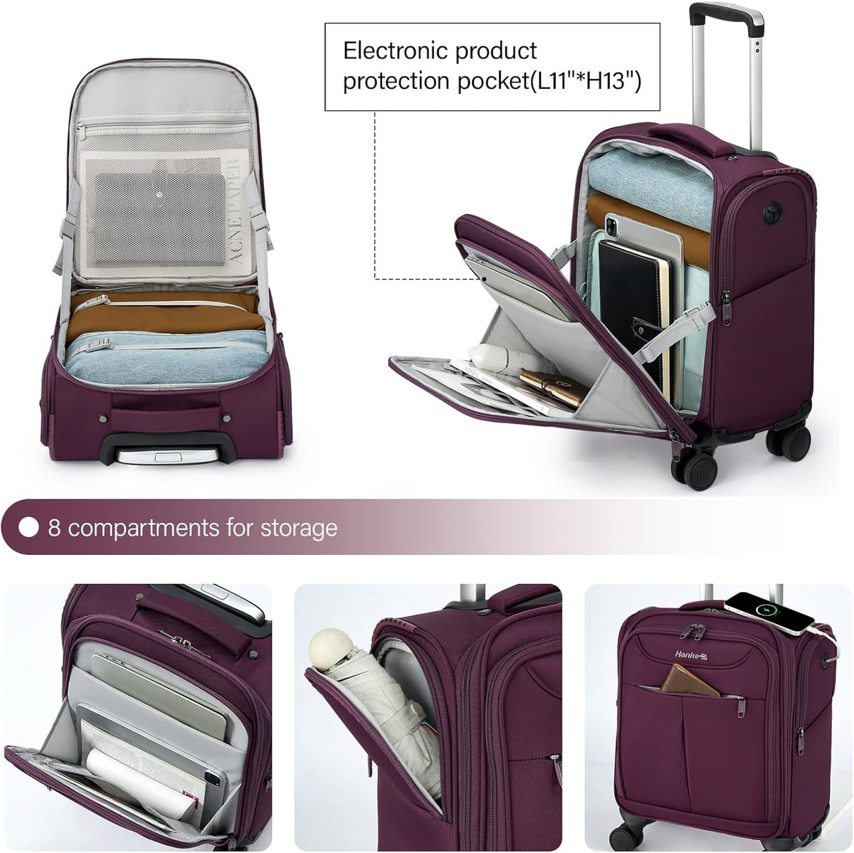 Underseat Carry On Luggage with Wheels, Lightweight Small Suitcase Airline Approved 16 Inch Softside Personal Item Travel Bag for Women Men, Compact Under Seat Luggage with Spinner Wheels,Purple