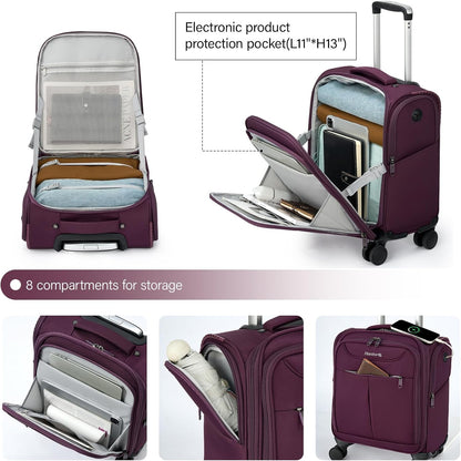 Underseat Carry On Luggage with Wheels, Lightweight Small Suitcase Airline Approved 16 Inch Softside Personal Item Travel Bag for Women Men, Compact Under Seat Luggage with Spinner Wheels,Purple