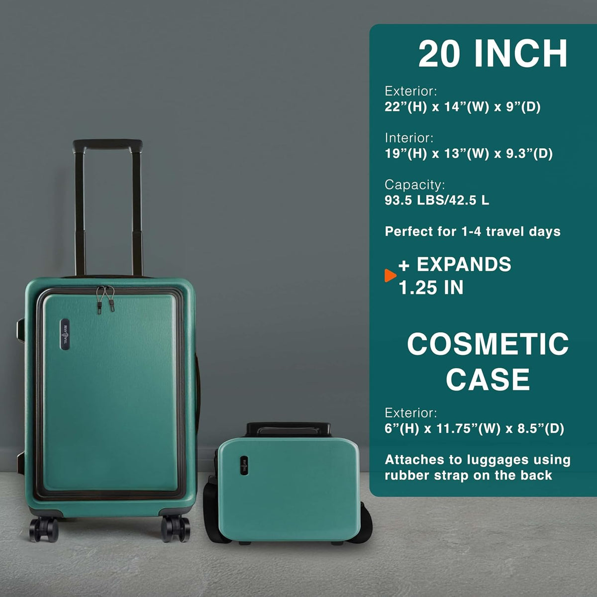 20 Inch Carry On Luggage 22x14x9 Airline Approved, Carry On Suitcase with Wheels, Hard-shell Carry-on Luggage, Durable Luggage Carry-On, Green Small Suitcase with Cosmetic Case