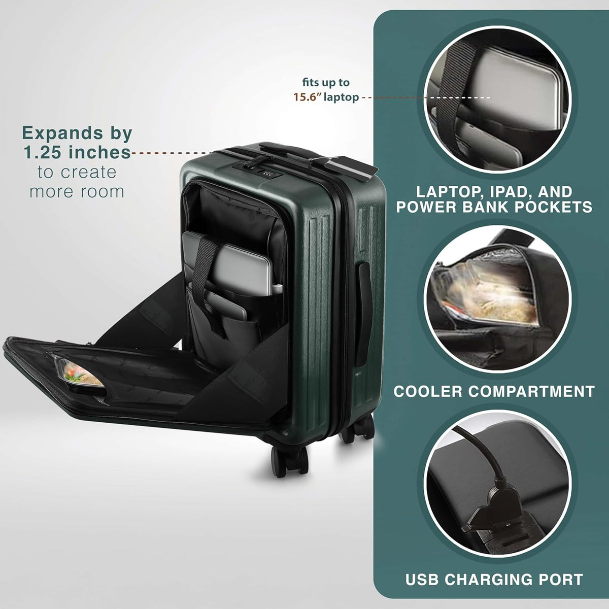 20 Inch Carry On Luggage 22x14x9 Airline Approved, Carry On Suitcase with Wheels, Hard-shell Carry-on Luggage, Durable Luggage Carry-On, Green Small Suitcase with Cosmetic Case