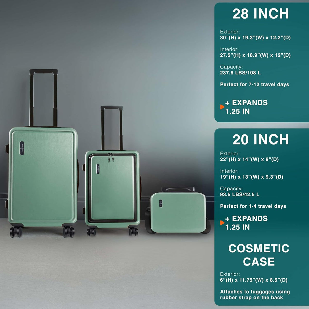 20 Inch Carry On Luggage 22x14x9 Airline Approved, Carry On Suitcase with Wheels, Hard-shell Carry-on Luggage, Durable Luggage Carry-On, Green Small Suitcase with Cosmetic Case