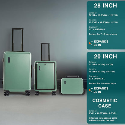 20 Inch Carry On Luggage 22x14x9 Airline Approved, Carry On Suitcase with Wheels, Hard-shell Carry-on Luggage, Durable Luggage Carry-On, Green Small Suitcase with Cosmetic Case