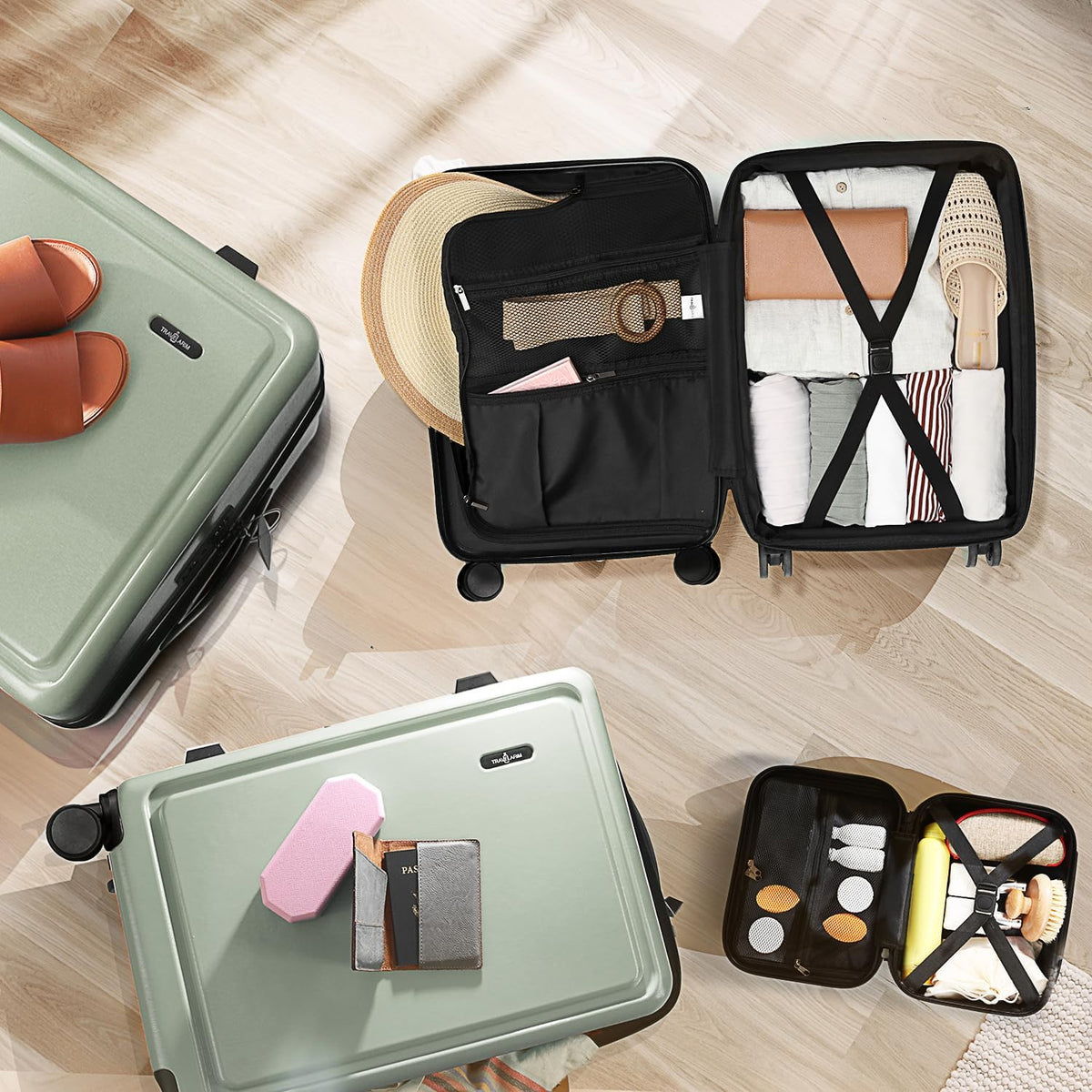 20 Inch Carry On Luggage 22x14x9 Airline Approved, Carry On Suitcase with Wheels, Hard-shell Carry-on Luggage, Durable Luggage Carry-On, Green Small Suitcase with Cosmetic Case