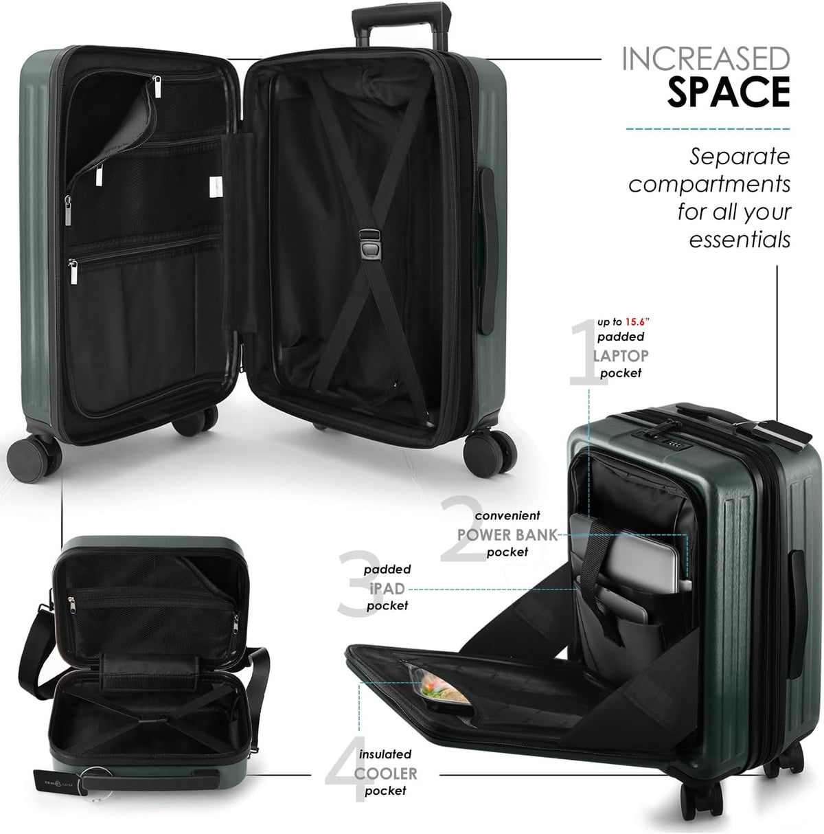 20 Inch Carry On Luggage 22x14x9 Airline Approved, Carry On Suitcase with Wheels, Hard-shell Carry-on Luggage, Durable Luggage Carry-On, Green Small Suitcase with Cosmetic Case