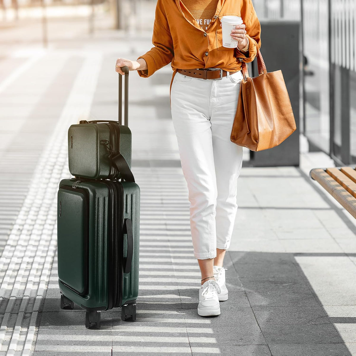 20 Inch Carry On Luggage 22x14x9 Airline Approved, Carry On Suitcase with Wheels, Hard-shell Carry-on Luggage, Durable Luggage Carry-On, Green Small Suitcase with Cosmetic Case