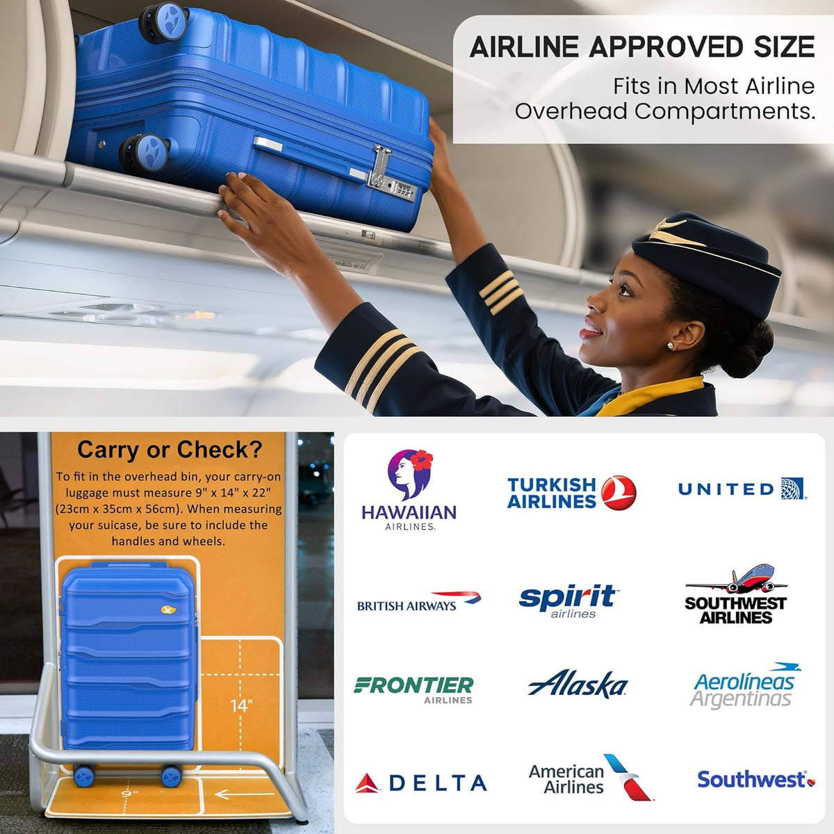 Expandable Carry On Luggage 22x14x9 Airline Approved, 20 Inch Travel Luggage with Spinner Wheels, Lightweight Hard Shell Suitcase Carry on Blue