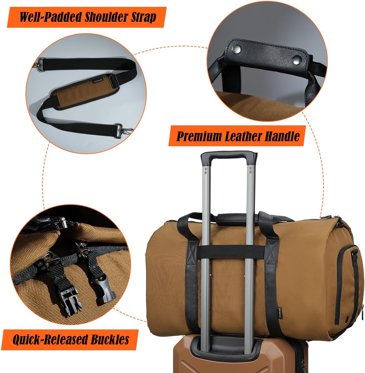 2-Suit Garment Duffle Bags for Travel Men, 60L-Large Carry on Garment Duffel Bag, Convertible Garment Duffel Bag w/Shoe Compartment, Foldable Garment Bags for Hanging Clothes Travel