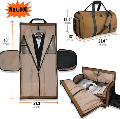 2-Suit Garment Duffle Bags for Travel Men, 60L-Large Carry on Garment Duffel Bag, Convertible Garment Duffel Bag w/Shoe Compartment, Foldable Garment Bags for Hanging Clothes Travel