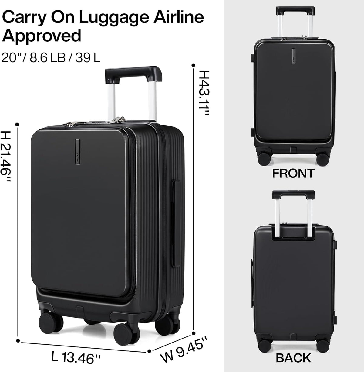 Carry On Luggage with Wheels, 20 Inch Hard Shell Suitcases TSA Approved Travel Luggage Carry-On Hard Case Luggage,Smoke White
