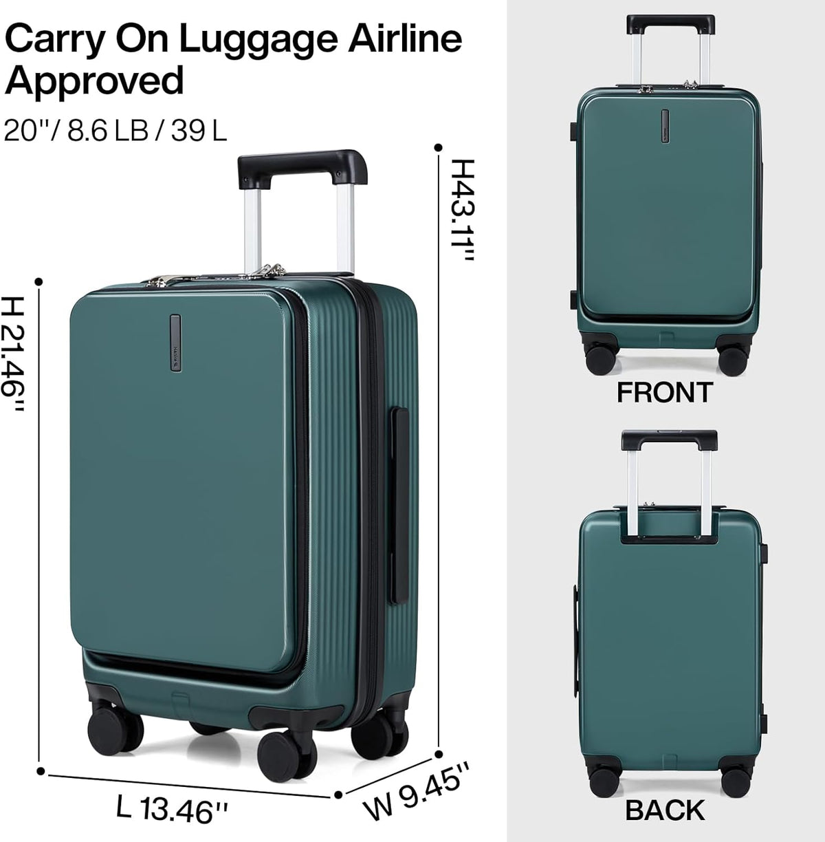Carry On Luggage with Wheels, 20 Inch Hard Shell Suitcases TSA Approved Travel Luggage Carry-On Hard Case Luggage,Smoke White