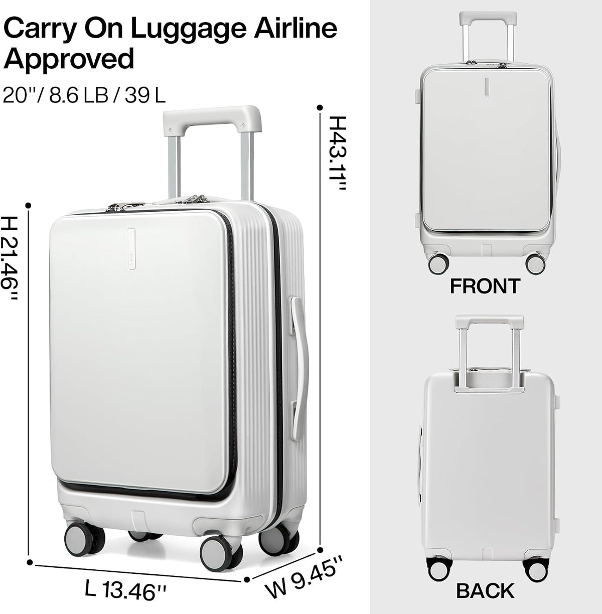 Carry On Luggage with Wheels, 20 Inch Hard Shell Suitcases TSA Approved Travel Luggage Carry-On Hard Case Luggage,Smoke White