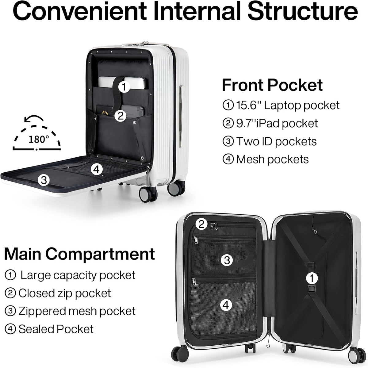 Carry On Luggage with Wheels, 20 Inch Hard Shell Suitcases TSA Approved Travel Luggage Carry-On Hard Case Luggage,Smoke White