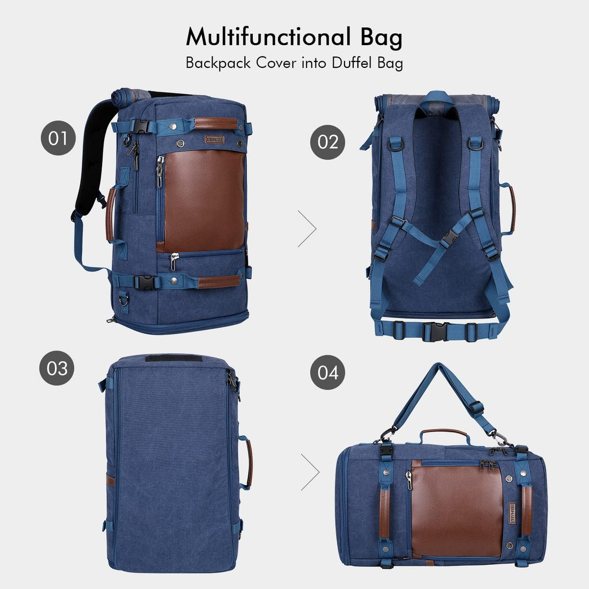 Travel Backpack for Men Large Convertible Duffel Bag Fits 16 Inch | Carry on Luggage Backpack, Large Canvas 3 in 1 Rucksack, With Shoe Compartment, For Weekend Trips, A2021 Big Size Blue