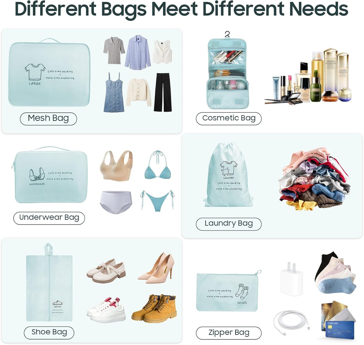 8 Set Travel Packing Organizers- Luggage Organizer for Suitcase Organization with Hanging Toiletry, Shoe & Laundry Bags, Packing Cubes for Travel Essentials, Cute Gifts for Women, Lake Blue