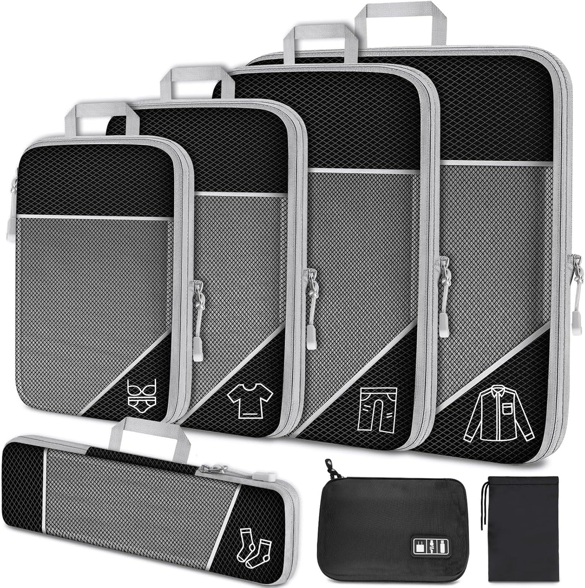 7PCS Compression Packing Cube Set Expandable Mesh Travel Bag Luggage Organizers with Electronic Cable Cord Charger Organizer Drawstring Bag for Trip Home Storage Travel Gear Accessories