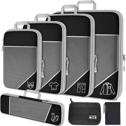 7PCS Compression Packing Cube Set Expandable Mesh Travel Bag Luggage Organizers with Electronic Cable Cord Charger Organizer Drawstring Bag for Trip Home Storage Travel Gear Accessories