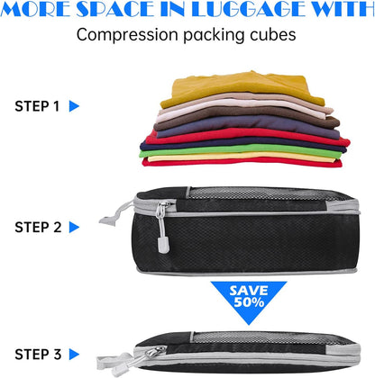 7PCS Compression Packing Cube Set Expandable Mesh Travel Bag Luggage Organizers with Electronic Cable Cord Charger Organizer Drawstring Bag for Trip Home Storage Travel Gear Accessories