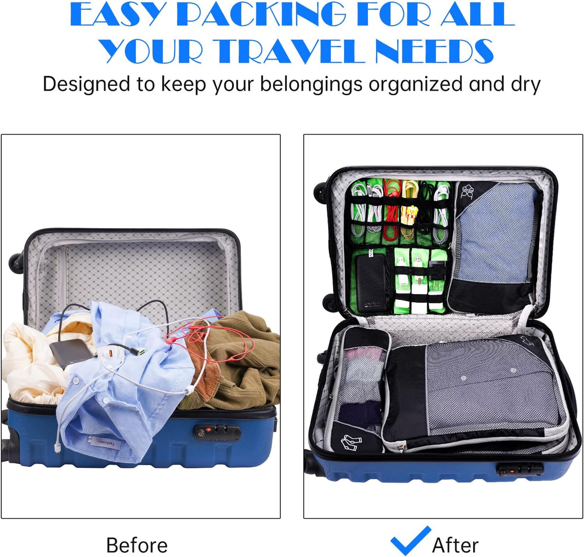 7PCS Compression Packing Cube Set Expandable Mesh Travel Bag Luggage Organizers with Electronic Cable Cord Charger Organizer Drawstring Bag for Trip Home Storage Travel Gear Accessories