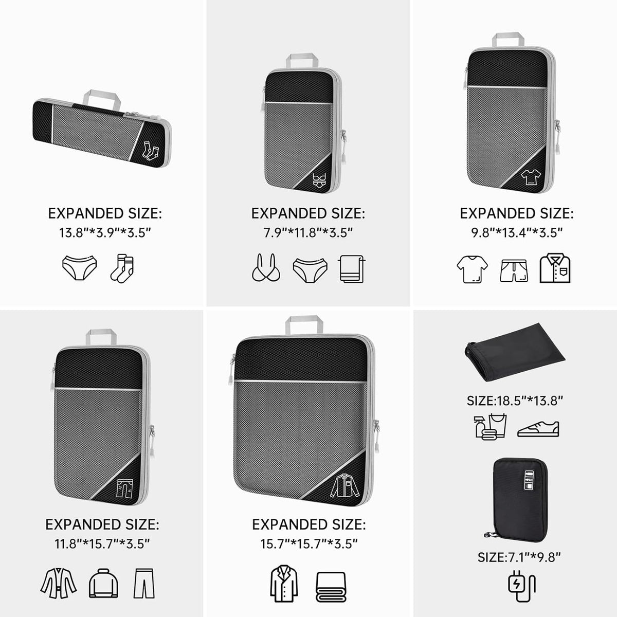 7PCS Compression Packing Cube Set Expandable Mesh Travel Bag Luggage Organizers with Electronic Cable Cord Charger Organizer Drawstring Bag for Trip Home Storage Travel Gear Accessories