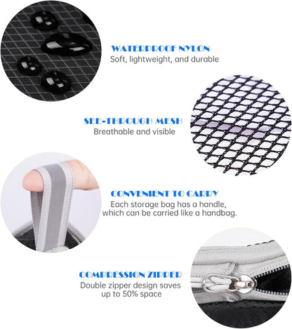7PCS Compression Packing Cube Set Expandable Mesh Travel Bag Luggage Organizers with Electronic Cable Cord Charger Organizer Drawstring Bag for Trip Home Storage Travel Gear Accessories