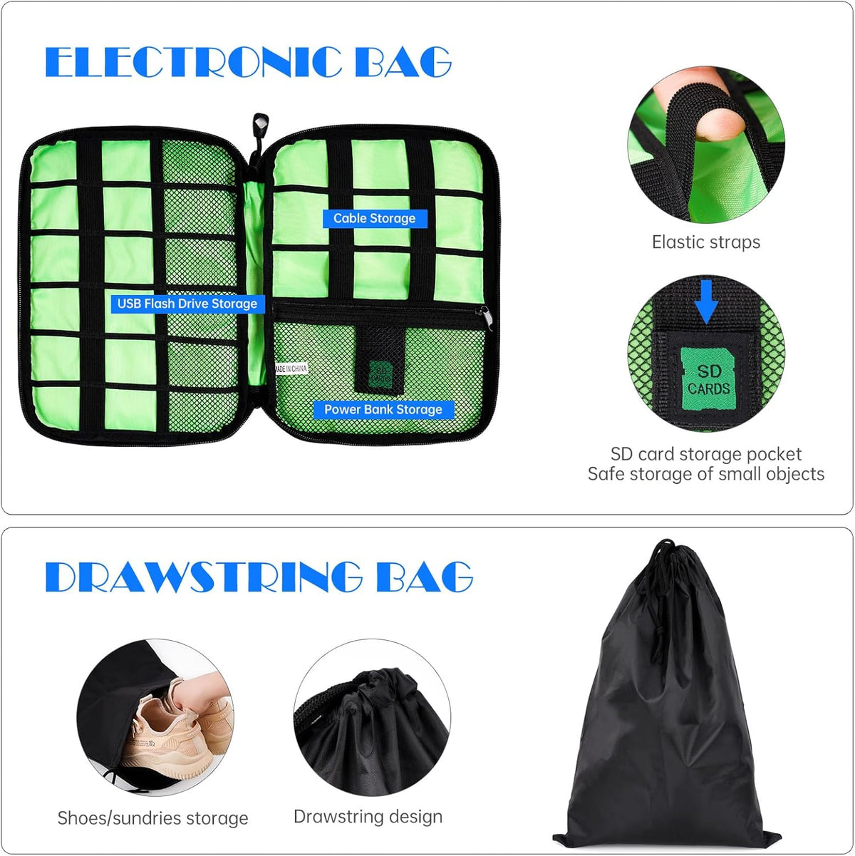 7PCS Compression Packing Cube Set Expandable Mesh Travel Bag Luggage Organizers with Electronic Cable Cord Charger Organizer Drawstring Bag for Trip Home Storage Travel Gear Accessories