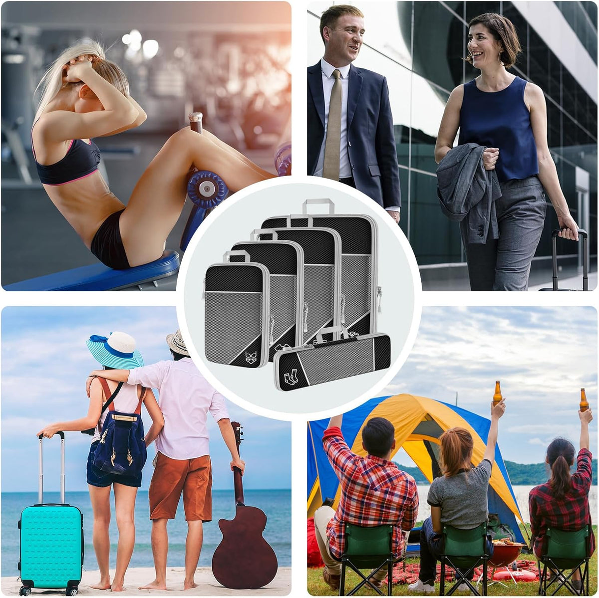 7PCS Compression Packing Cube Set Expandable Mesh Travel Bag Luggage Organizers with Electronic Cable Cord Charger Organizer Drawstring Bag for Trip Home Storage Travel Gear Accessories