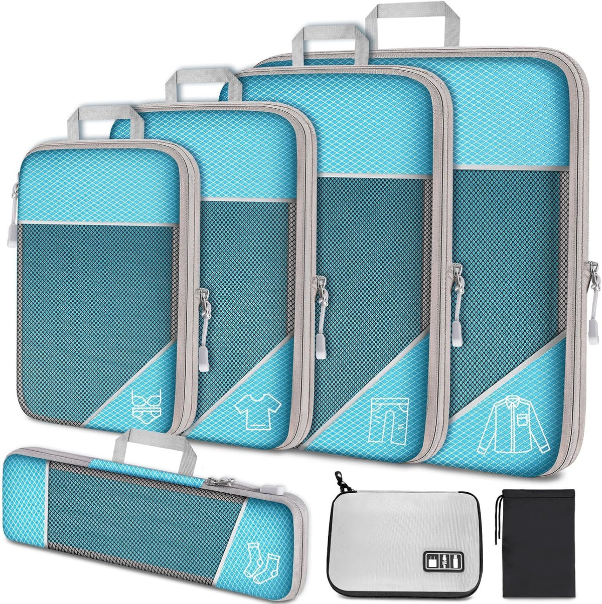 7PCS Compression Packing Cube Set Expandable Mesh Travel Bag Luggage Organizers with Electronic Cable Cord Charger Organizer Drawstring Bag for Trip Home Storage Travel Gear Accessories