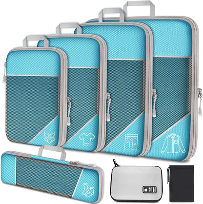 7PCS Compression Packing Cube Set Expandable Mesh Travel Bag Luggage Organizers with Electronic Cable Cord Charger Organizer Drawstring Bag for Trip Home Storage Travel Gear Accessories