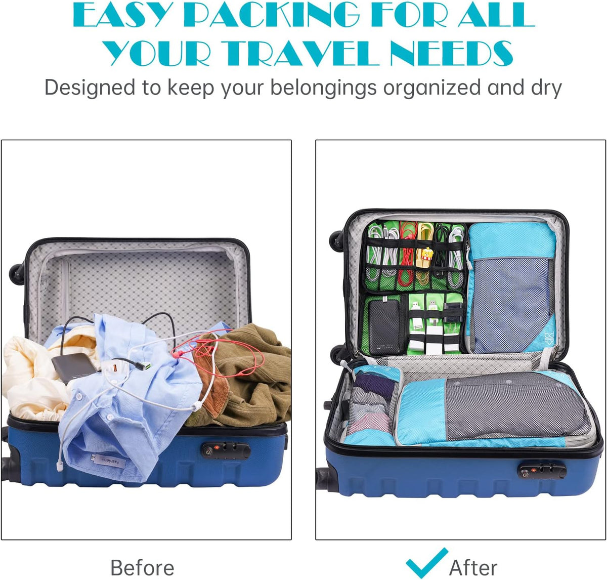 7PCS Compression Packing Cube Set Expandable Mesh Travel Bag Luggage Organizers with Electronic Cable Cord Charger Organizer Drawstring Bag for Trip Home Storage Travel Gear Accessories