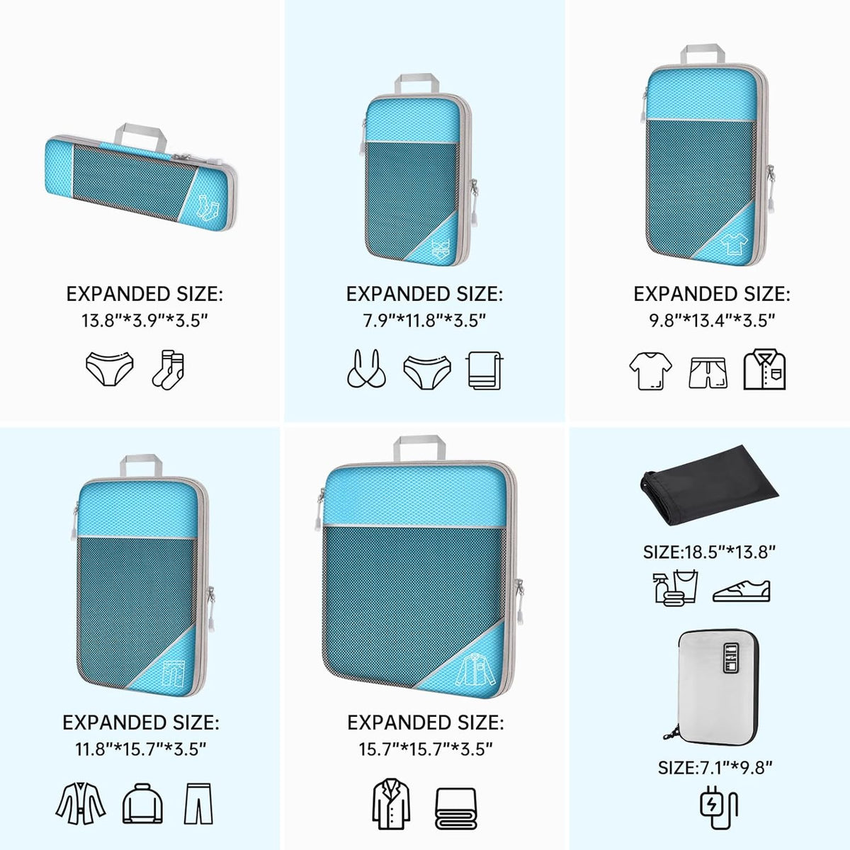7PCS Compression Packing Cube Set Expandable Mesh Travel Bag Luggage Organizers with Electronic Cable Cord Charger Organizer Drawstring Bag for Trip Home Storage Travel Gear Accessories