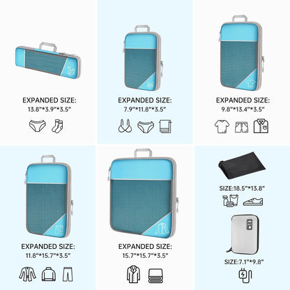 7PCS Compression Packing Cube Set Expandable Mesh Travel Bag Luggage Organizers with Electronic Cable Cord Charger Organizer Drawstring Bag for Trip Home Storage Travel Gear Accessories