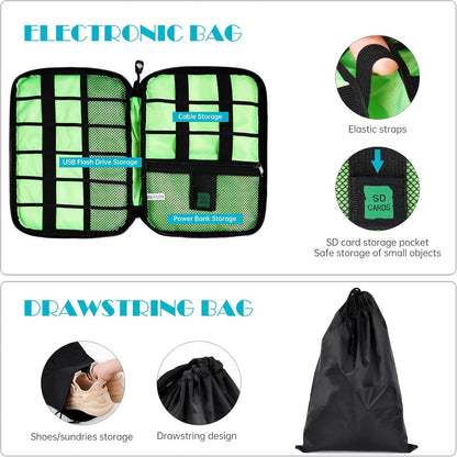 7PCS Compression Packing Cube Set Expandable Mesh Travel Bag Luggage Organizers with Electronic Cable Cord Charger Organizer Drawstring Bag for Trip Home Storage Travel Gear Accessories