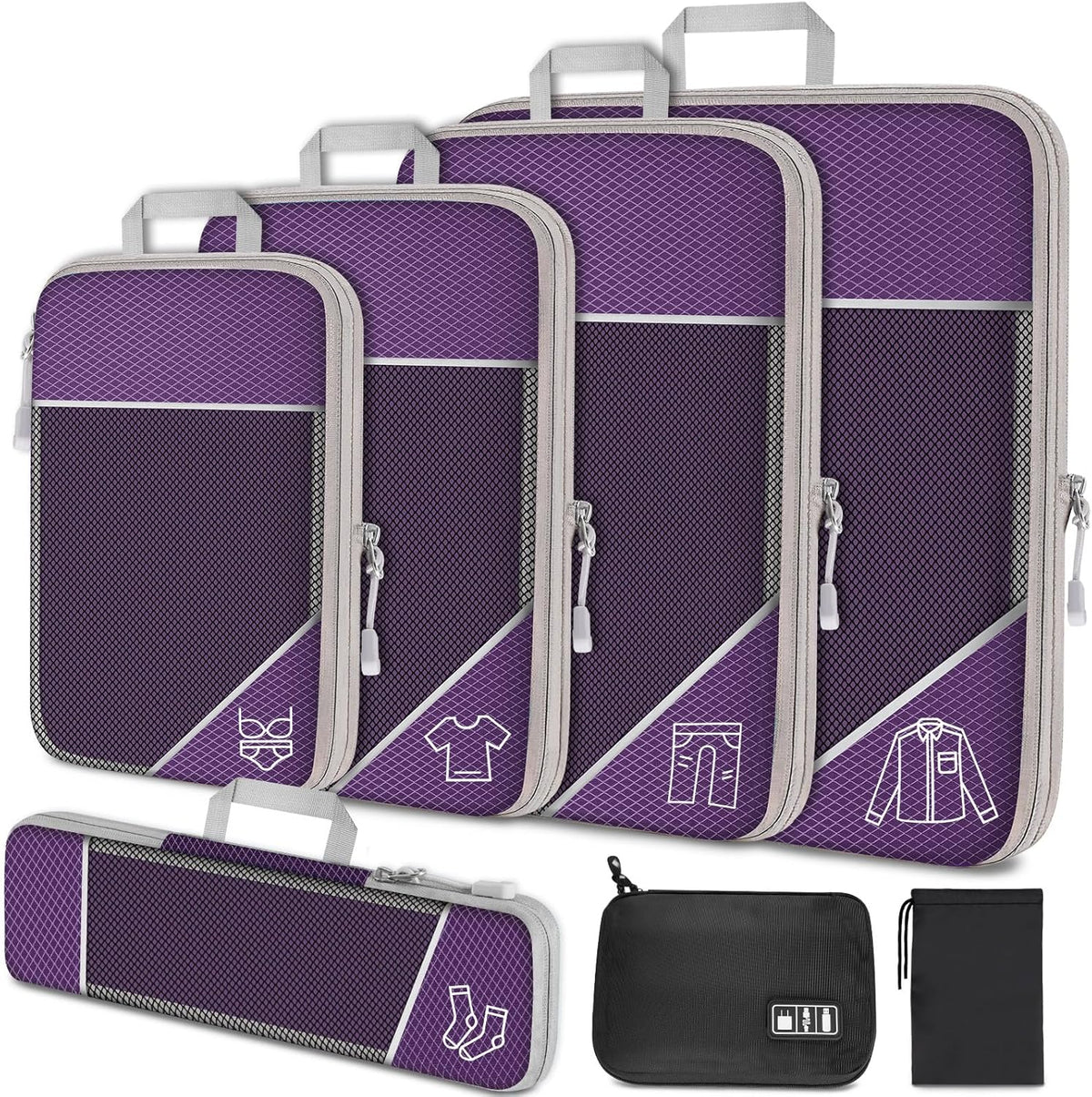 7PCS Compression Packing Cube Set Expandable Mesh Travel Bag Luggage Organizers with Electronic Cable Cord Charger Organizer Drawstring Bag for Trip Home Storage Travel Gear Accessories