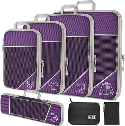 7PCS Compression Packing Cube Set Expandable Mesh Travel Bag Luggage Organizers with Electronic Cable Cord Charger Organizer Drawstring Bag for Trip Home Storage Travel Gear Accessories