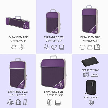 7PCS Compression Packing Cube Set Expandable Mesh Travel Bag Luggage Organizers with Electronic Cable Cord Charger Organizer Drawstring Bag for Trip Home Storage Travel Gear Accessories