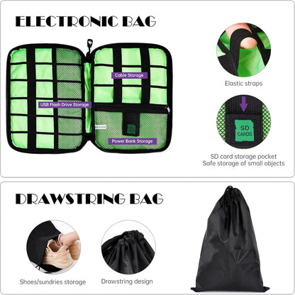 7PCS Compression Packing Cube Set Expandable Mesh Travel Bag Luggage Organizers with Electronic Cable Cord Charger Organizer Drawstring Bag for Trip Home Storage Travel Gear Accessories